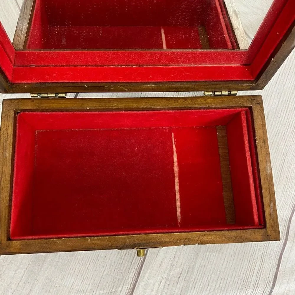 Vintage Wooden jewelry box with engraving and red velvet lining